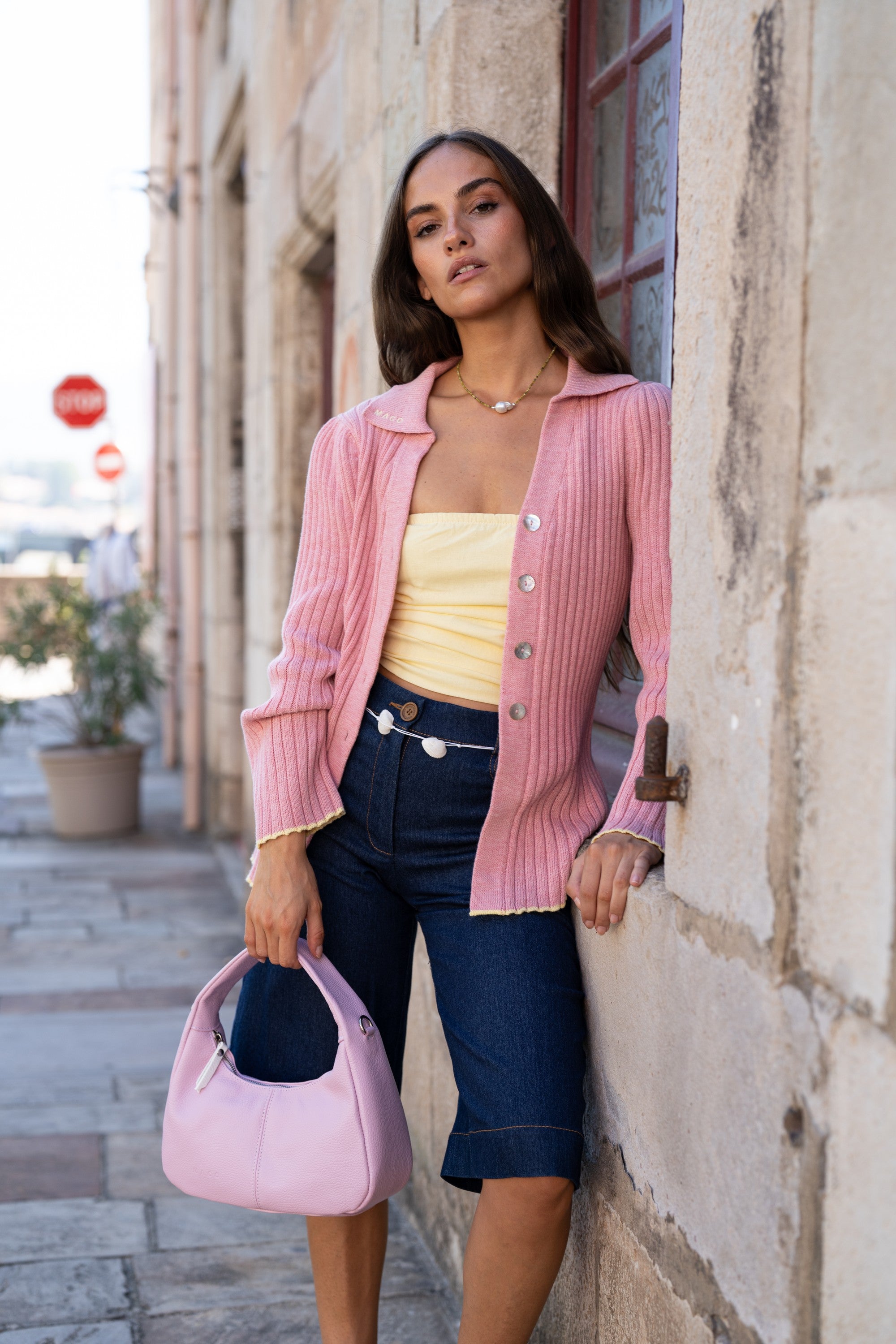 Cartera de cuero Cala Pink en rosado, vista exterior