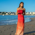 Vestido largo degradé Sunset rojo, look completo